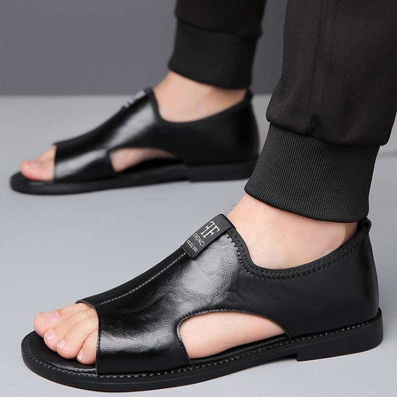 Luxury Men's Leather Sandals Black Flat Open Toe Sandals Outdoor Walk Beach Leisure Sandal Shoes for Men Sandalias De Hombre New