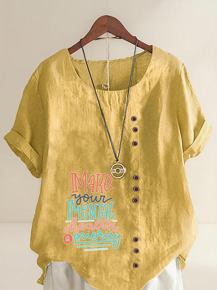 Women's Fashion Multi-color Letters Print Round Neck Short Sleeve T-shirt Summer Casual Cotton Linen Graphic Shirt Leisure Loose Blouse Tops