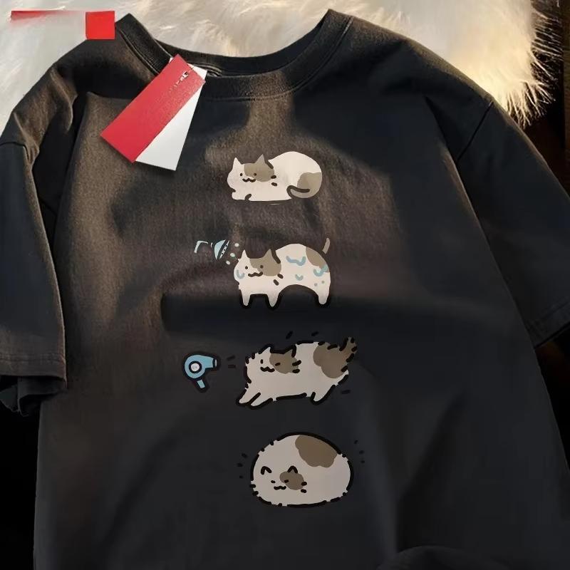

Bathing Cat Cute Cartoon Short Sleeved Tshirt for Casual Summer Breathable Hair Dryer Pure Couple Tshirt Fashion 4XL