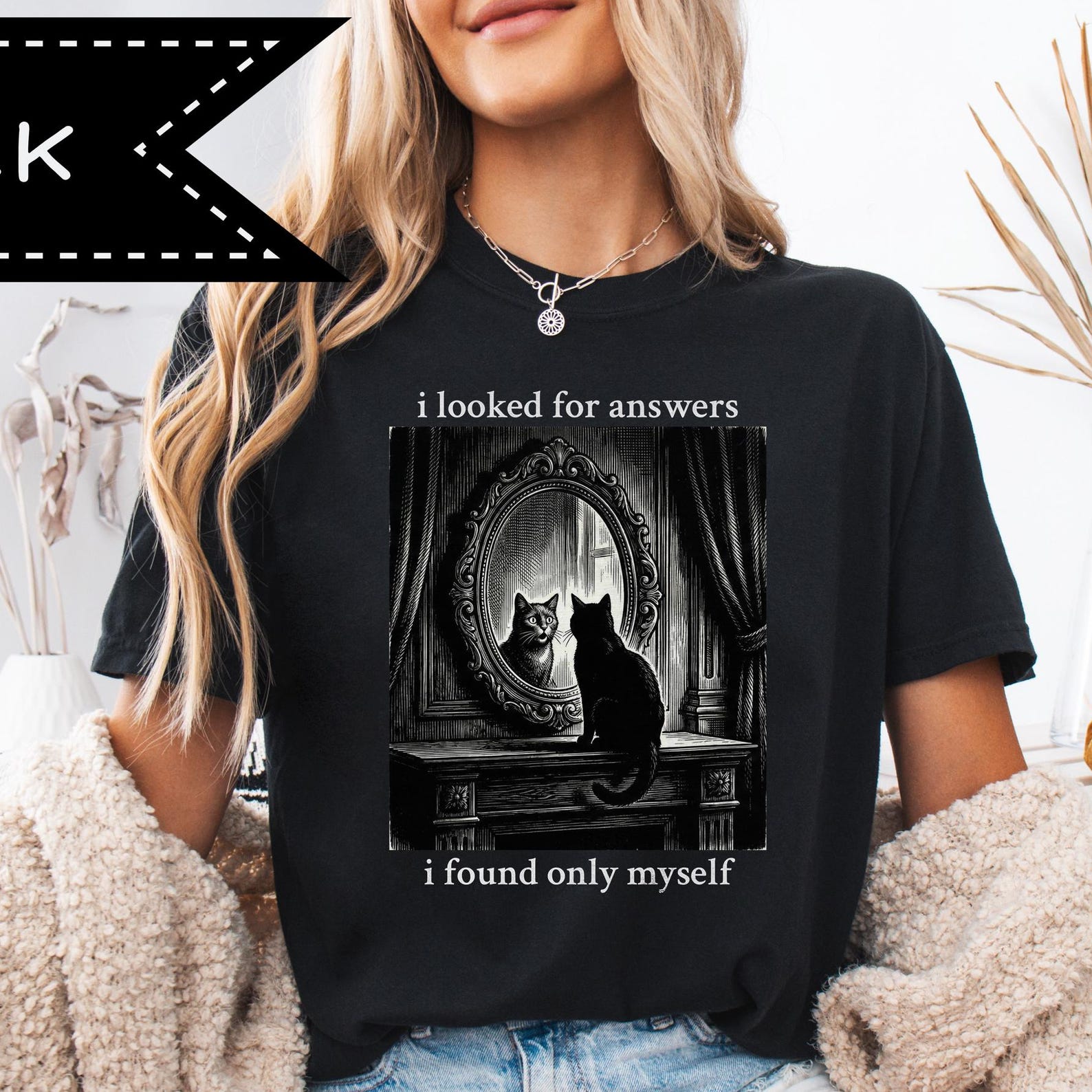 Black Cat Mirror Graphic Tee, Cat Lover Gift, Philosophical Self-Reflective Humor S