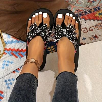 [Rhinestone Flip-Flops] Sparkling Black Rhinestone Women's Flip-Flops | Slip-On Comfort with EVA Cushioned Sole, Casual Sandals for All-Season Wear