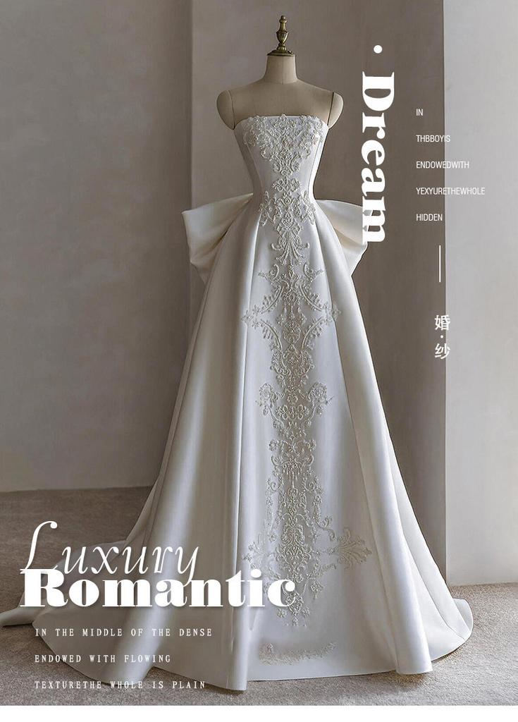 Satin light wedding dress, small bride tube top, welcome door yarn temperament light luxury wedding small trailing dress skirt