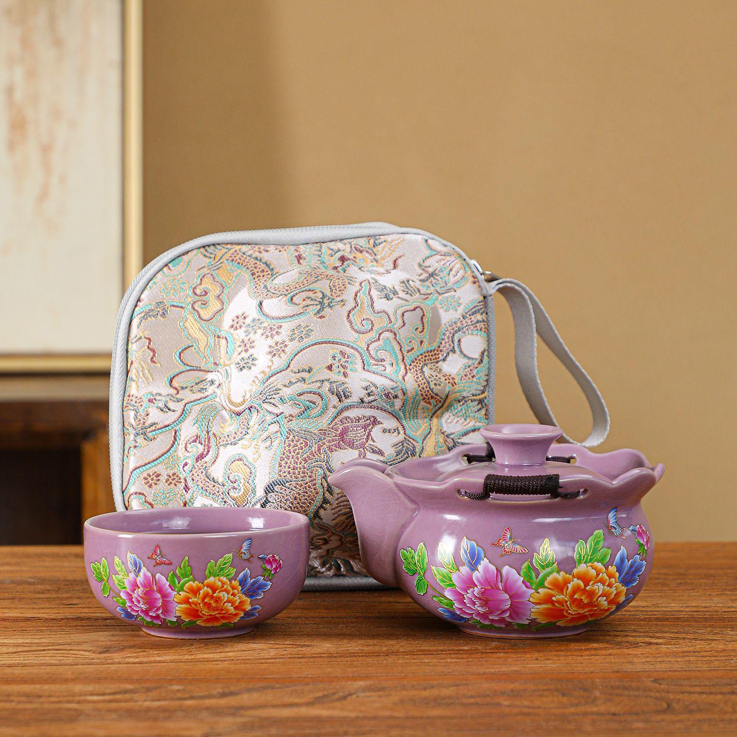 

Portable tea special express cup Ru kiln travel tea set, one pot three cups hand-held pot cover bowl outdoor