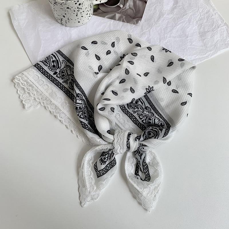 Silk Scarf Neck Small Square Scarf Lace Striped Cashew Nut Silk Scarf Spring and Summer Light Headscarf Headband Decorative Scarf