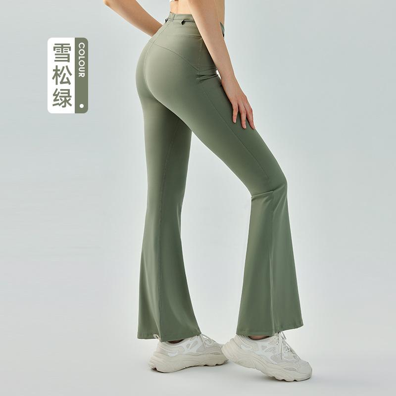 High waist drawstring flared pants summer nude slim yoga micro-pull pants women s abdomen, hips and thin sports fitness pants S