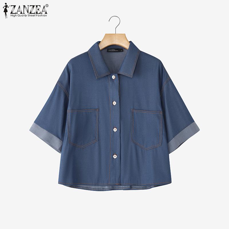 ZANZEA Women Turn Down Collar Summer Short Sleeve Blouse