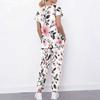 Women Plus Size Floral Printed Scrub Set Cutout Neck Short Sleeve Pocket Top Long Pants Two Piece