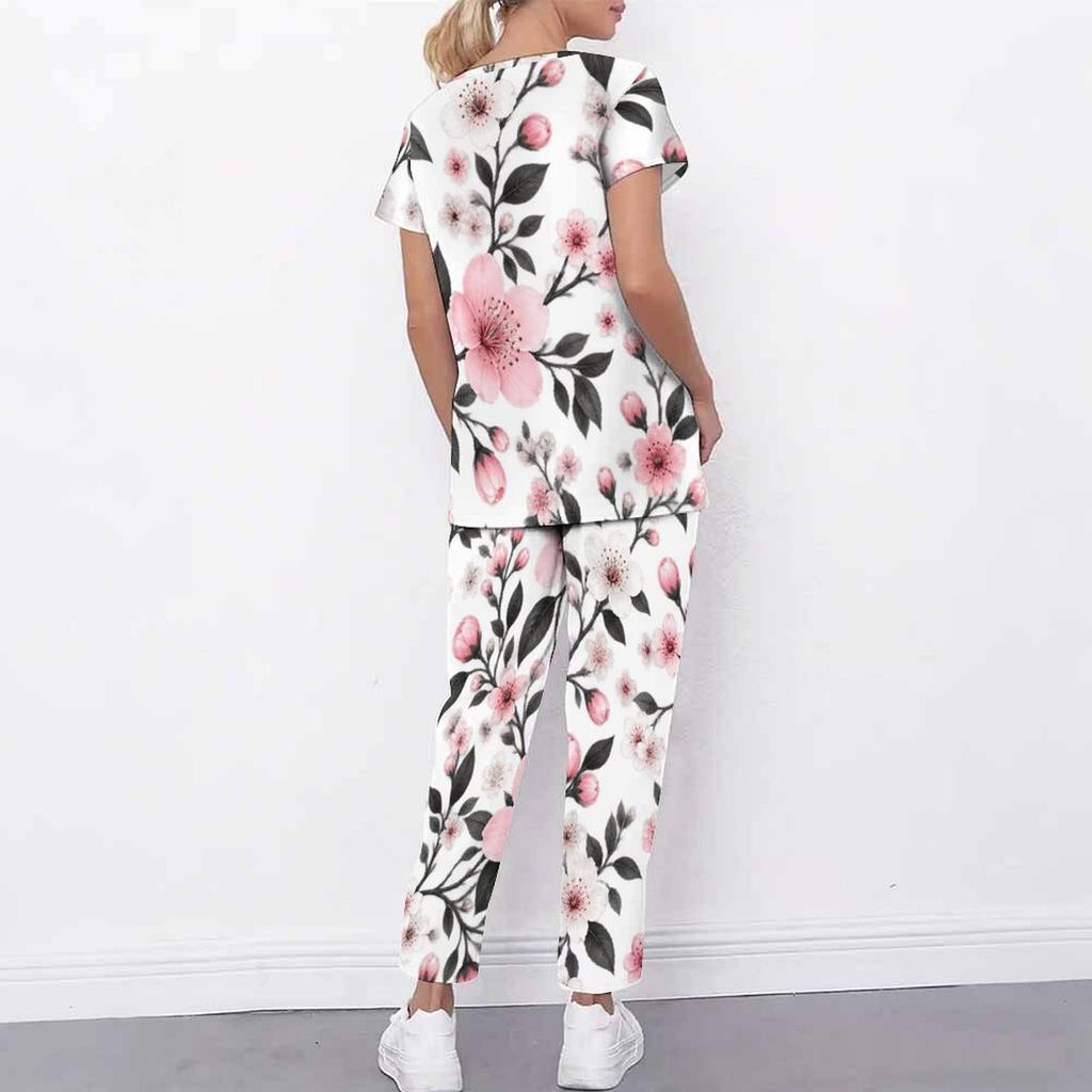 Women Plus Size Floral Printed Scrub Set Cutout Neck Short Sleeve Pocket Top Long Pants Two Piece