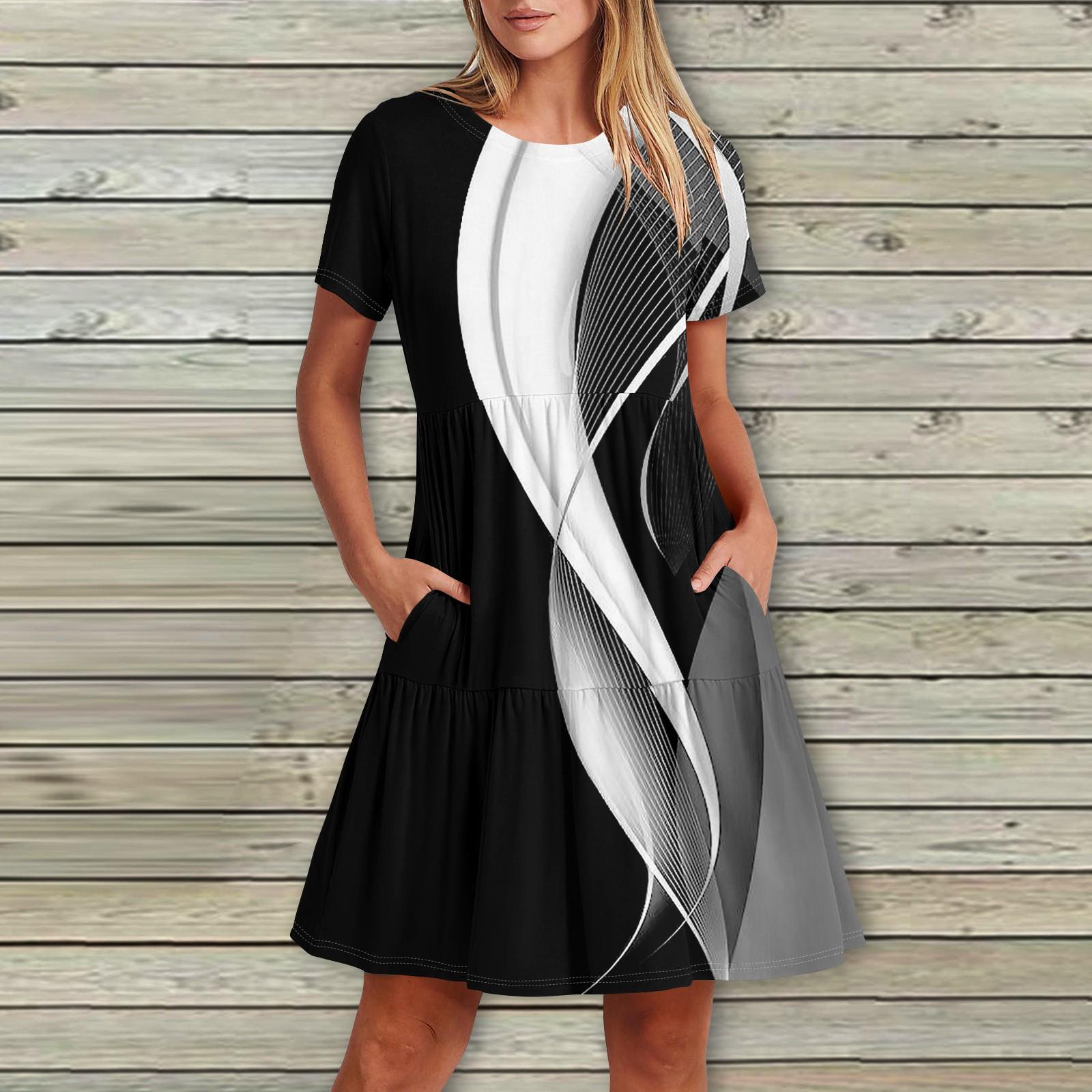 

Женское повседневное модное платье-миди с круглым вырезом и коротким рукавом с принтом и карманом XL чёрный