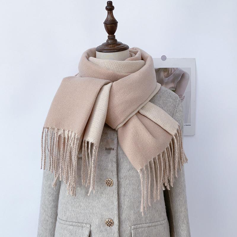 Double-Sided Solid Color Imitation Cashmere Scarf with Tassels – Cozy Korean Autumn/Winter Fashion for Students