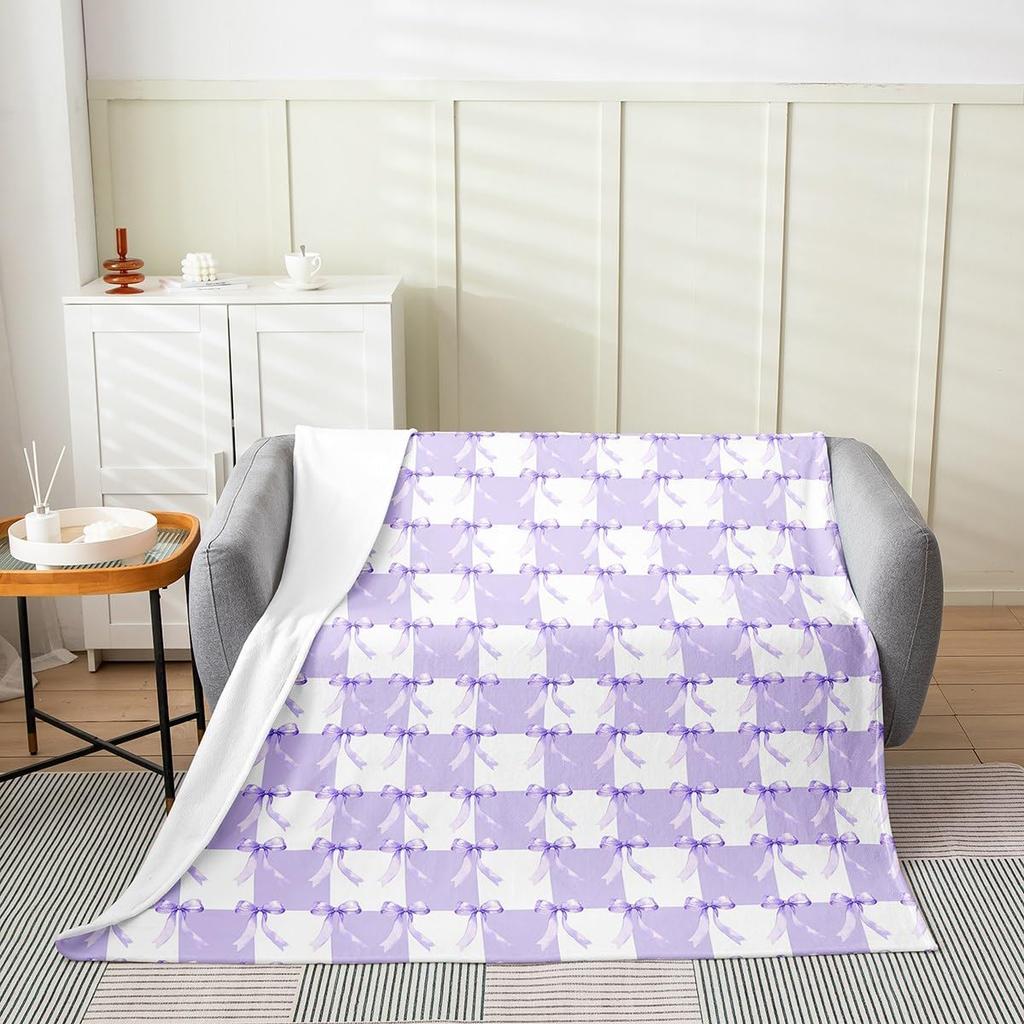 Cute Bowknot Fleece Blanket Princess Style Blue Bow Watercolor Plush Throw for Home Decor Geometric Grid Minimalist Dreamy Sofa