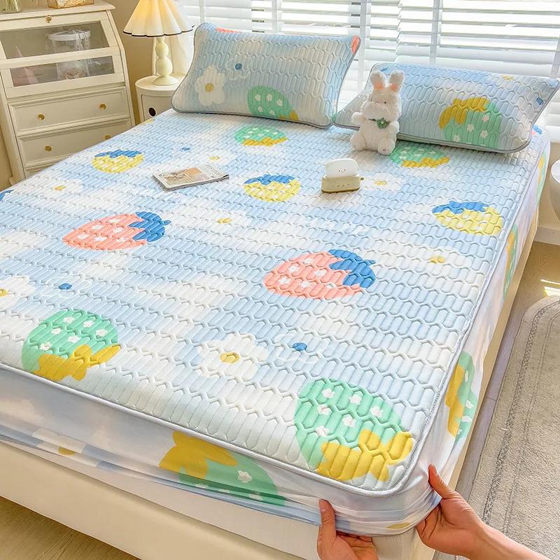 3Pc Summer Natural Latex Cooling Mat Set Cartoon Printed Fitted Sheet With Pillowcase Soft Non Slip Bedding With Elastic Band
