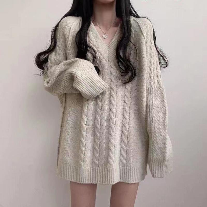 Autumn and winter V-neck mid-length twist ladies pullover sweater skirt, retro large size temperament dark gray ladies all-match sweater 6804#