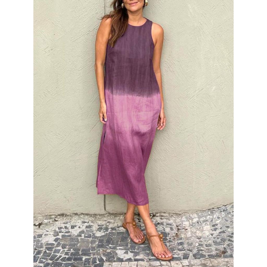Summer Gradient Casual Cotton Linen Sleeveless Slit Dress for Women, European American Style Ladies Sundress