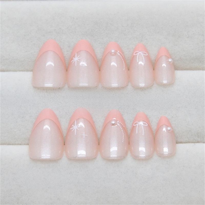 Short Almond Christmas False Nail with Bowknot Designs French Tips Press On Nail Artificial Nail for Women 24 Pcs