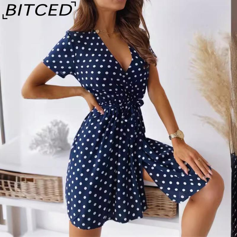 

BITCED Женское летнее модное мини-платье с коротким рукавом и V-образным вырезом, женское платье в горошек с разрезом, Vestidos для женщин, пляжное платье в стиле бохо XXXL синий