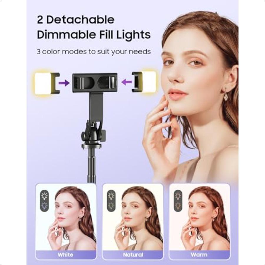 53'' Selfie Stick Tripod with Light Enhanced 4Leg Cell Phone Stand Camera Tripod with Rechargeable Wirel Remote 2 Fill Light Po