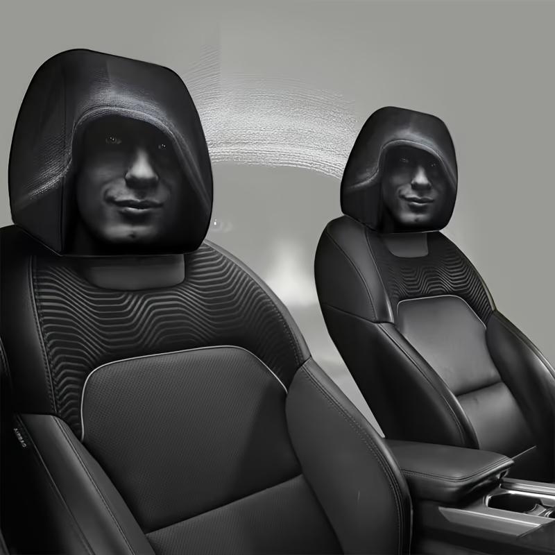 Two Black Hat Mystery Portrait Car Headrest Covers, Designed for Comfort and Elasticity, Ideal for Any Car Interior.