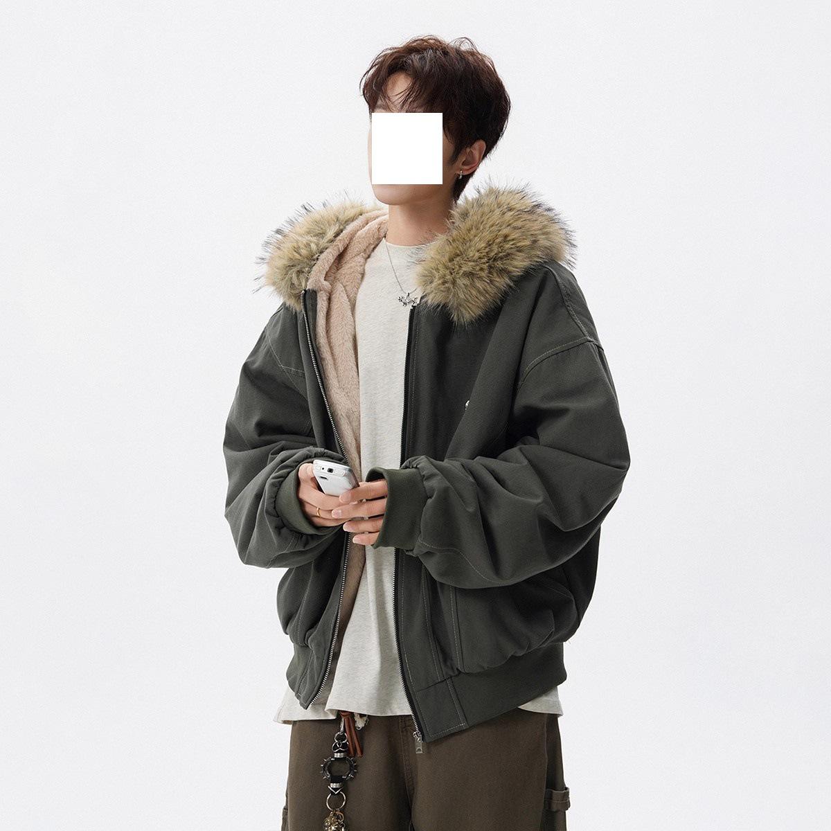 

Men s American Style Eagle Fur Collar Cotton Jacket - Retro Winter Coat, Trendy Deconstructed Design, Casual Warm Outerwear for Couples. Large зелений/сірий колір