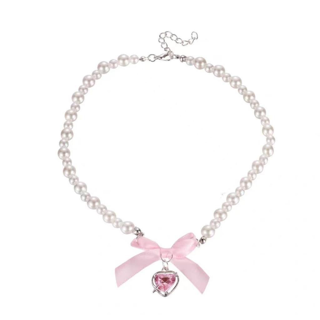 Romantic Pink Heart Bow Pearl Necklace - Sweet Pure Desire Women's Choker