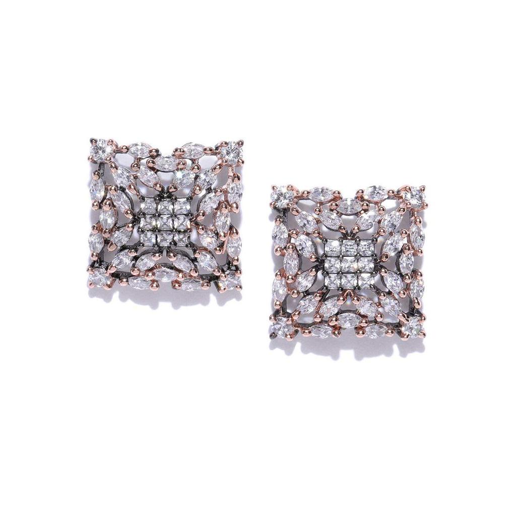 Stunning Square-Shaped Stud Earrings for Women  Grey-Toned Look  Stylish Block Design  Rose Gold-Plated