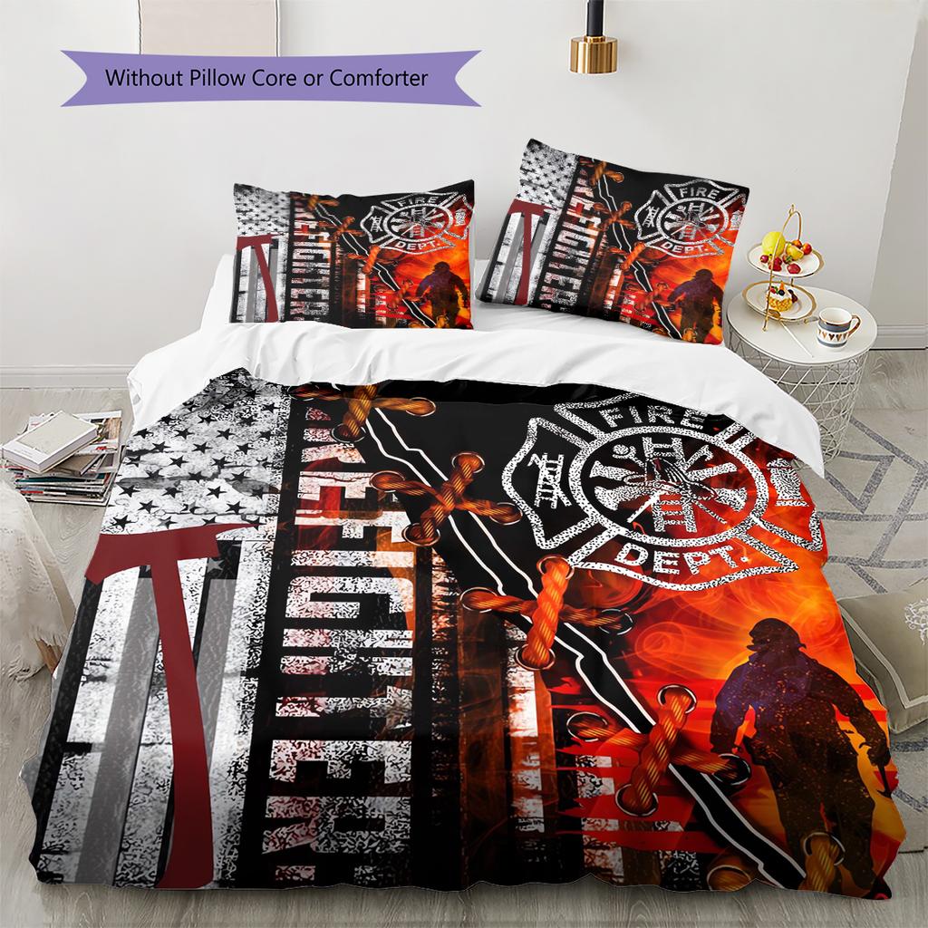 Firefighter Pattern Bedding Quilt Set Quilt Cover Pillowcase Home Decoration Gift (1 * duvet cover + 2 * pillowcase, without core)