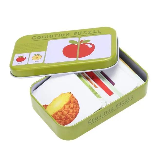 Baby Cognition Puzzle Toys Toddler Kids Iron Box Cards Matching Game Cognitive Card Car Fruit Animal Life Puzzle Gift