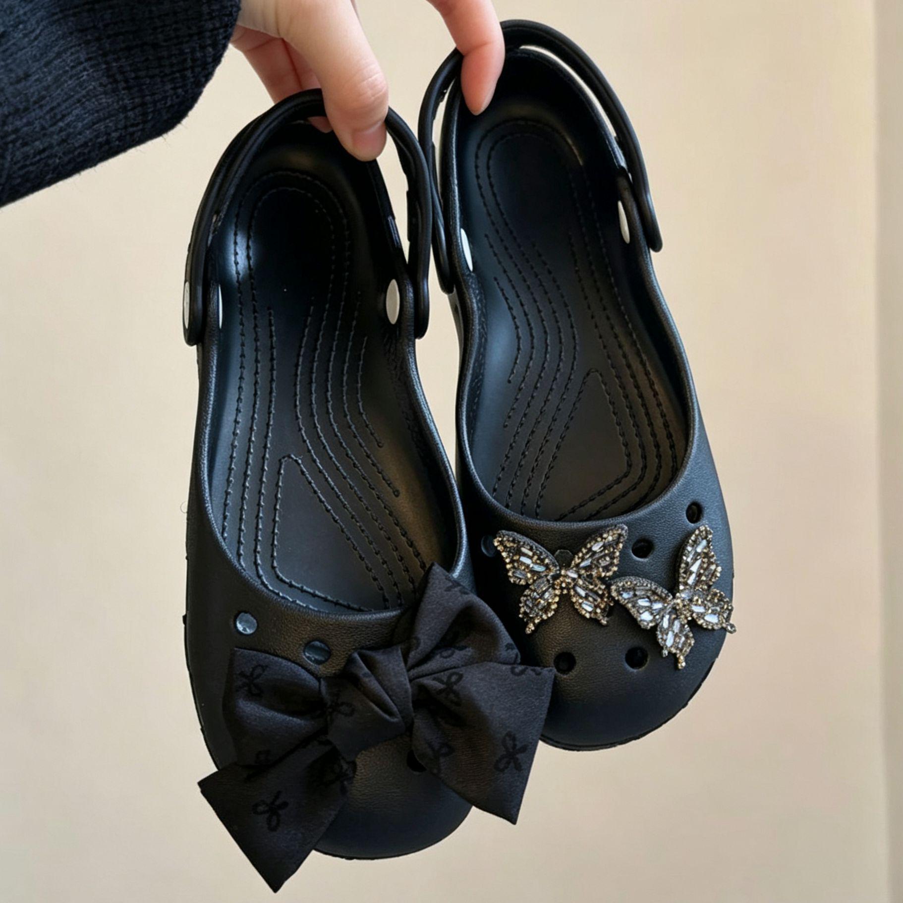 Hochwertige Robuste Perlen-Ballett-Crocs-Anhänger & Mary-Jane-Schuhschnallen-Zubehör black