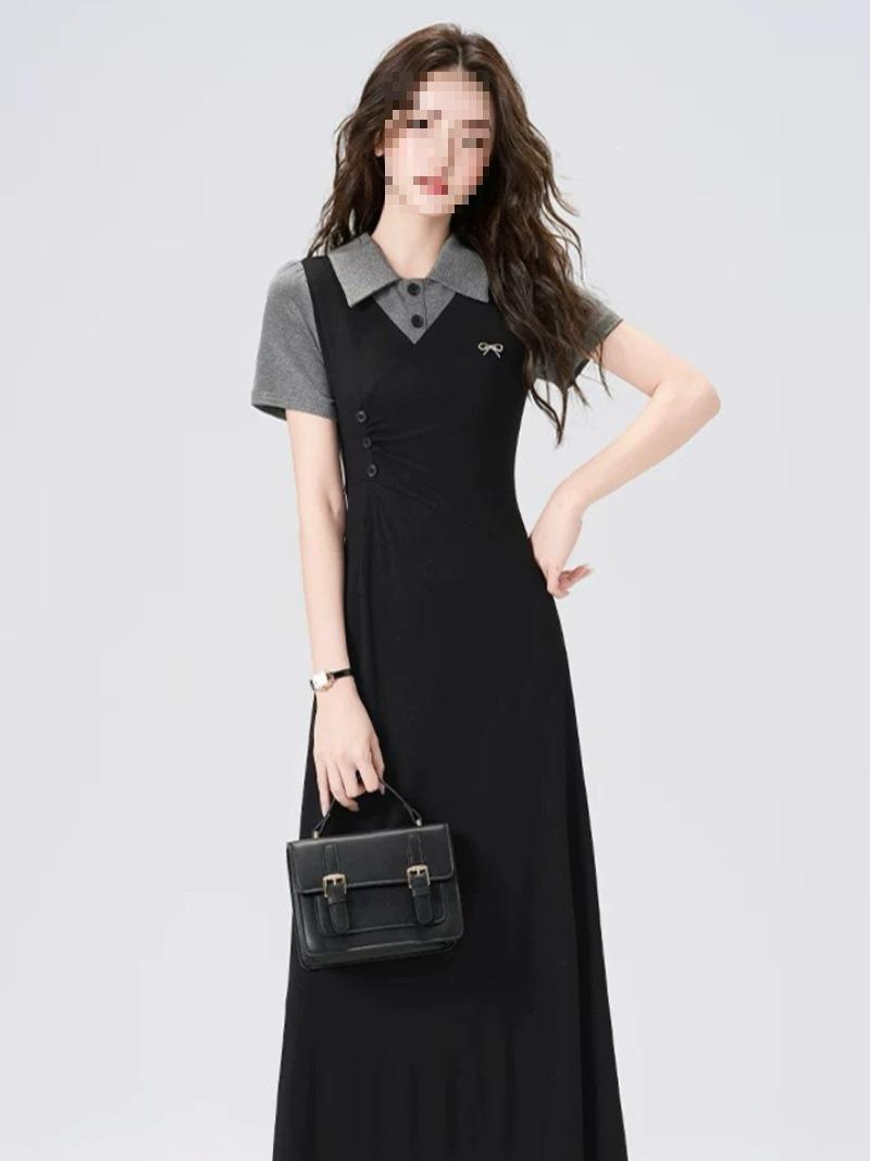 

Summer new French college style fake two-piece dress women s waist and thin niche design temperament long dress S