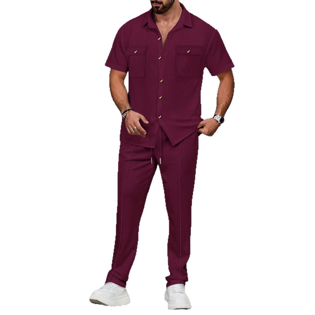 Men's Solid Color Button Pocket Short Sleeve Shirt and Long Pants Two-Piece Set - Summer 2025 Collection