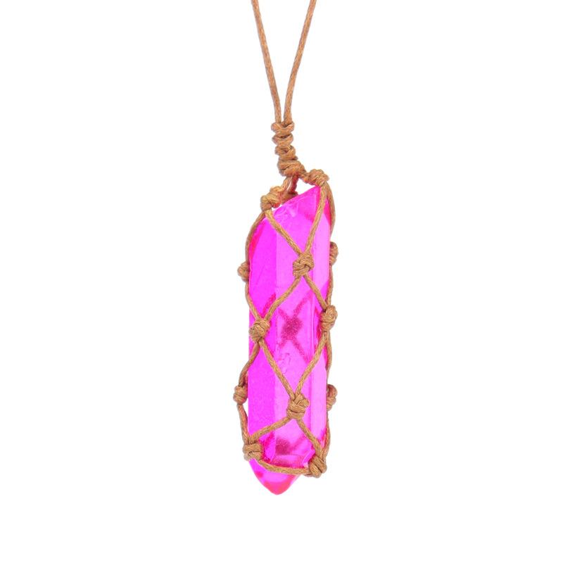 Natural Stone Crystal Column Mesh Pocket Hand-Woven Necklace Pendant, Adjustable N562