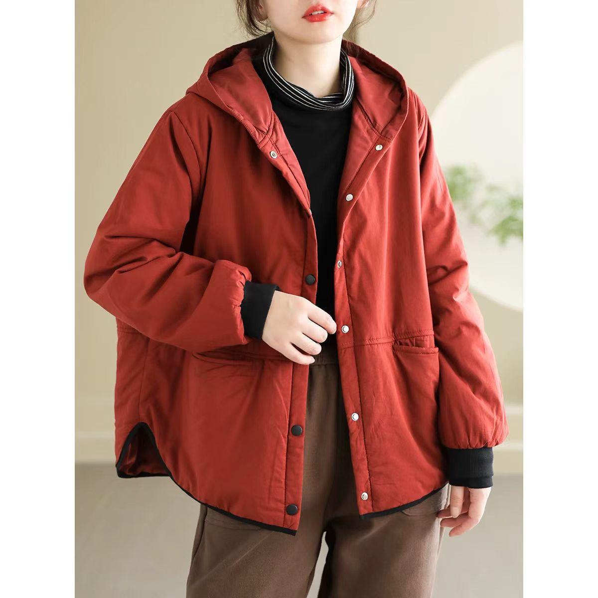 

Johnature Niche однотонное свободное повседневное пальто с капюшоном, женское зимнее модное однобортное пальто с длинными рукавами One Size красный