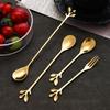 Gold Stainless Steel Leaf Spoon and Fork Set - Long Handle for Stirring, Desserts, and Coffee
