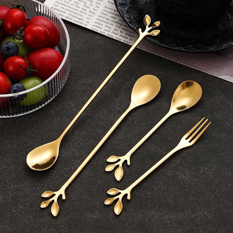Gold Stainless Steel Leaf Spoon and Fork Set - Long Handle for Stirring, Desserts, and Coffee