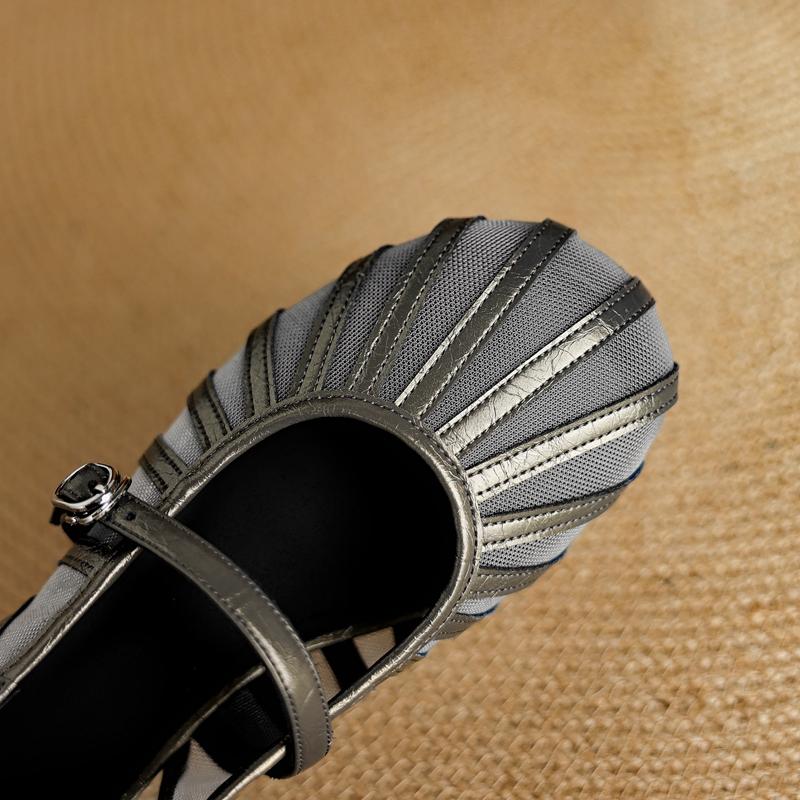 Fashion Women's new leather cowhide summer breathable mesh belt buckle French retro mid heel M ü ller toe sandals