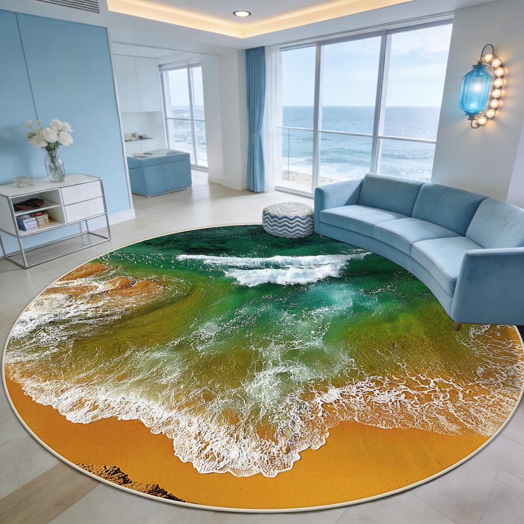 Immersive Wave Beach Round Carpet for Living Room Decoration Terrace Courtyard Antiskid Rug Easy Clean Fluffy Mat for Children