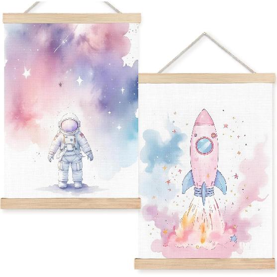 FDHSPAAM Space Rocket Kids Wall Art Decor, Space Nursery Decor, Fantasy Blue Spaceship Planet Star Wall Art Posters for Nursery Home Kids Boys