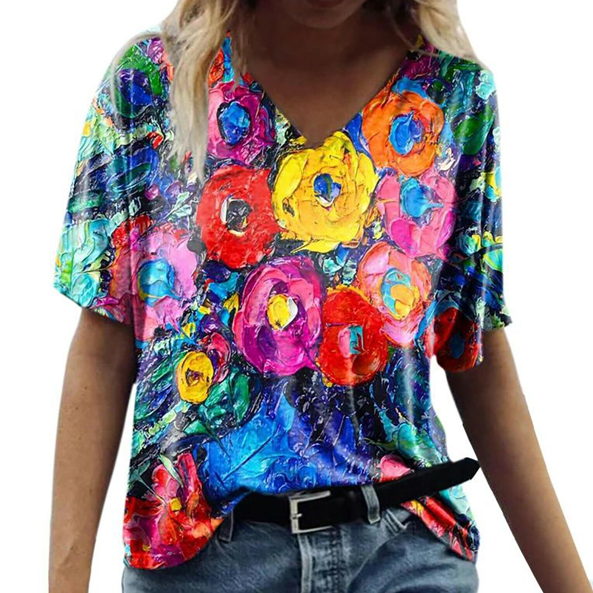 

2024 новая женская футболка с V-образным вырезом, повседневная, с пейзажным цветочным принтом, Европа и США, wish, с коротким рукавом, свободная 6XL