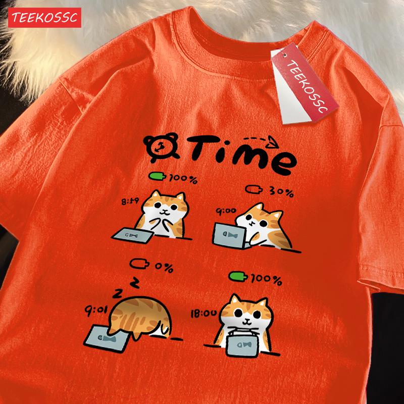 A Day When The Working CatS Battery Is Low Cotton Women TShirts Cartoons Prints T Shirts Loose ONeck Soft Tops Summer Clothes