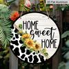 2D Flat, 1pc Round Aluminum "Home Sweet Home" Metal Sign, Rustic Cow Print & Sunflower Farmhouse Wall Plaque, Waterproof & Rustproof, Perfect for
