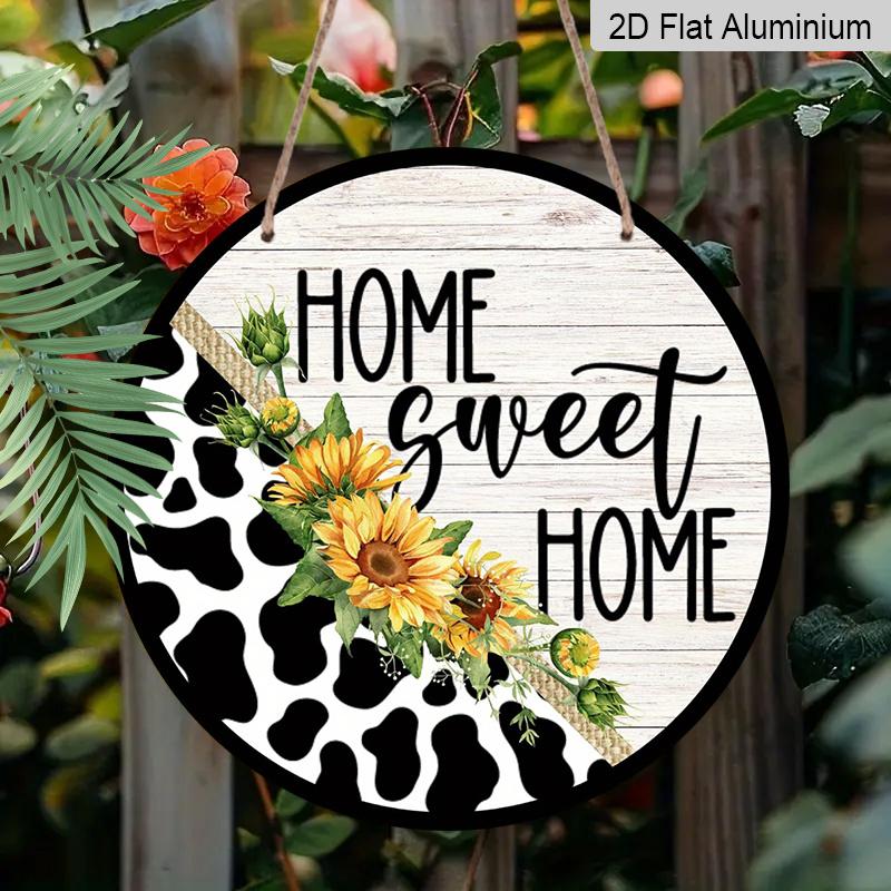 2D Flat, 1pc Round Aluminum "Home Sweet Home" Metal Sign, Rustic Cow Print & Sunflower Farmhouse Wall Plaque, Waterproof & Rustproof, Perfect for