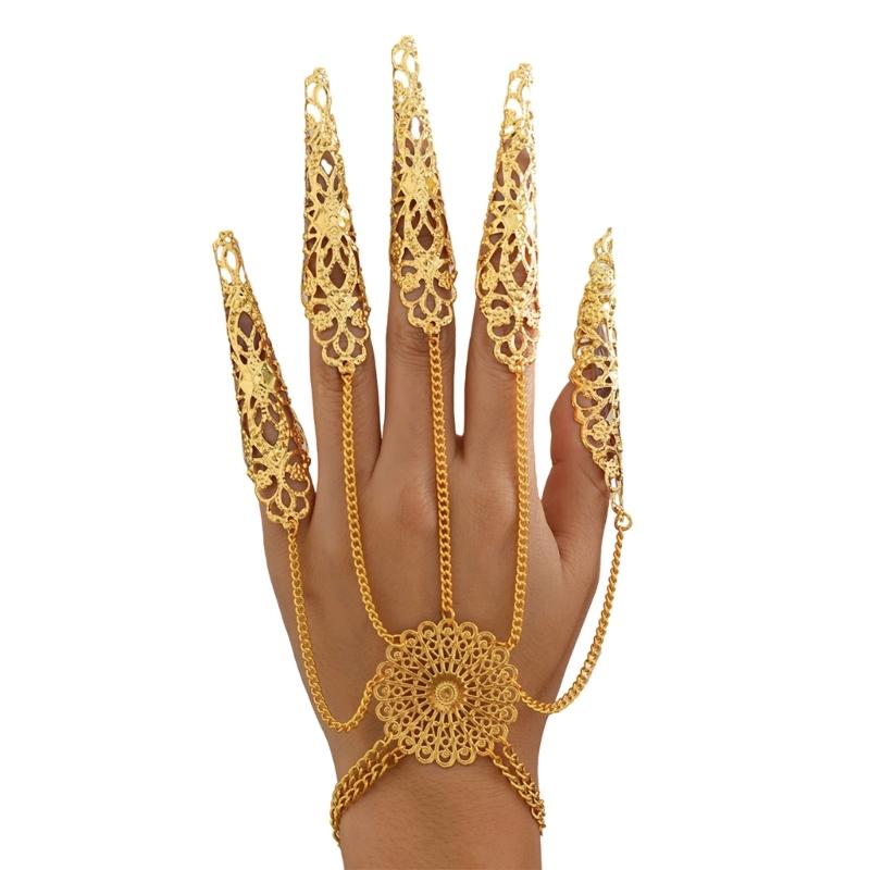 Ancient Queen Bracelet with Finger Nails Tip Claw Rings Belly Dance Hand Chain Jewelry Chain Finger Rings Bracelet Women