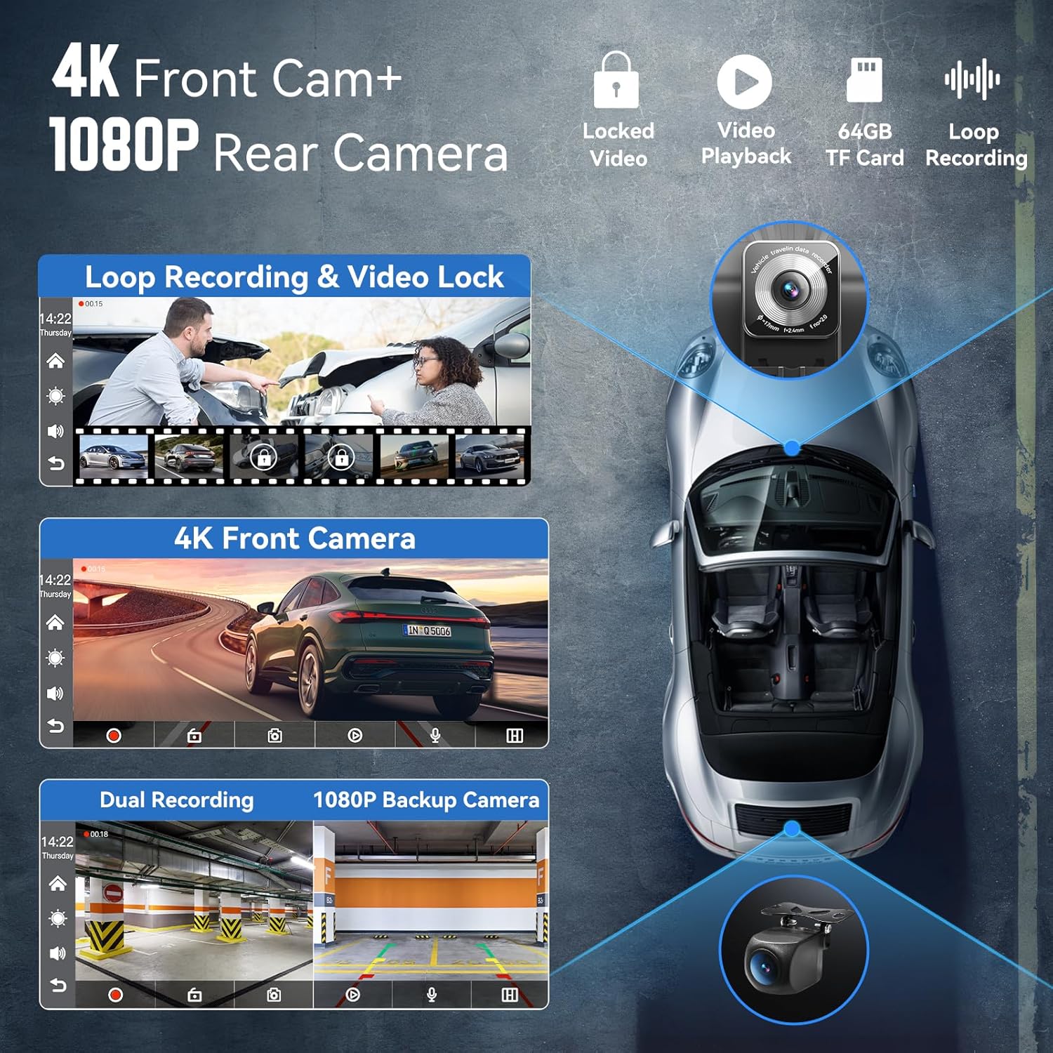 9-дюймовый беспроводной экран CarPlay с 4K видеорегистратором и 1080P камерой заднего вида, поддержка CarPlay, Android Auto, MirrorLink, GPS, голосового управления 9inch