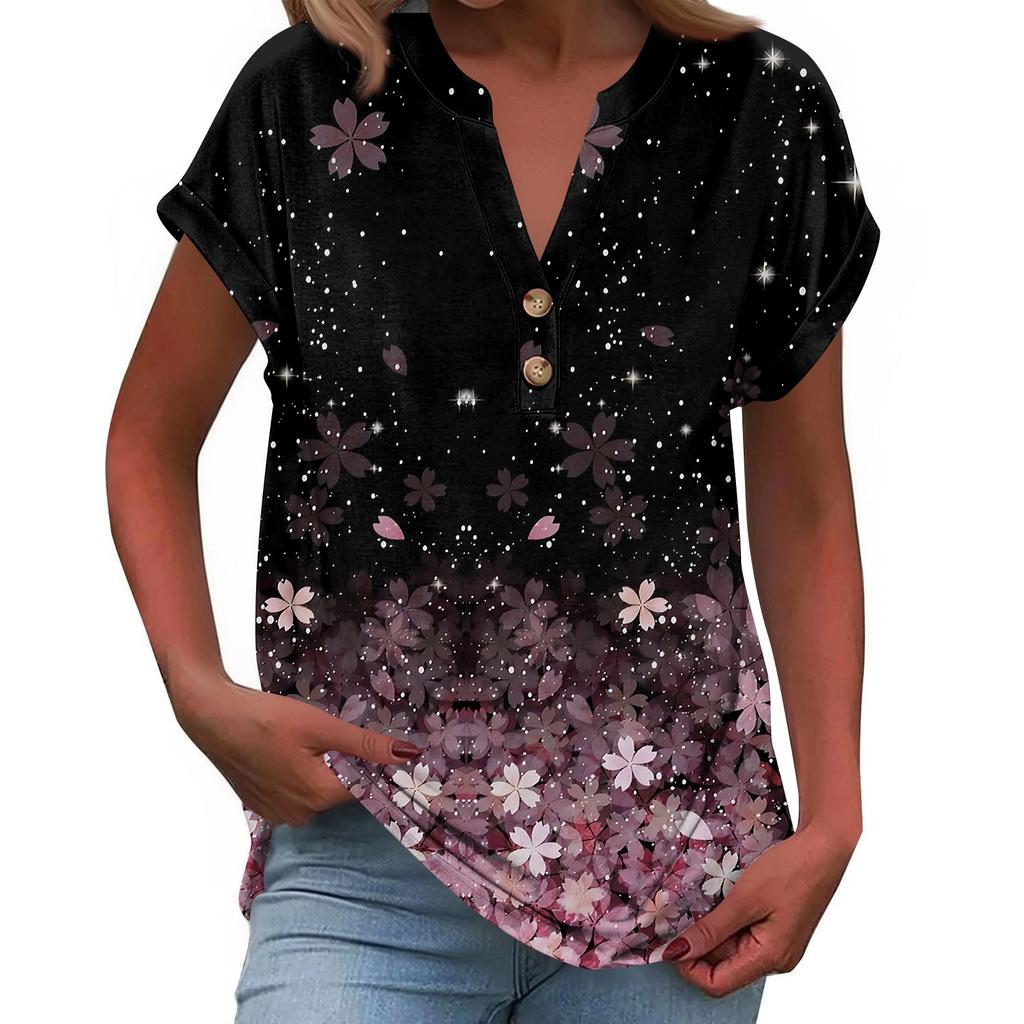 Women's Fashionable Casual Loose-Fit Short-Sleeved Button-Up V-Neck Printed T-Shirt Top