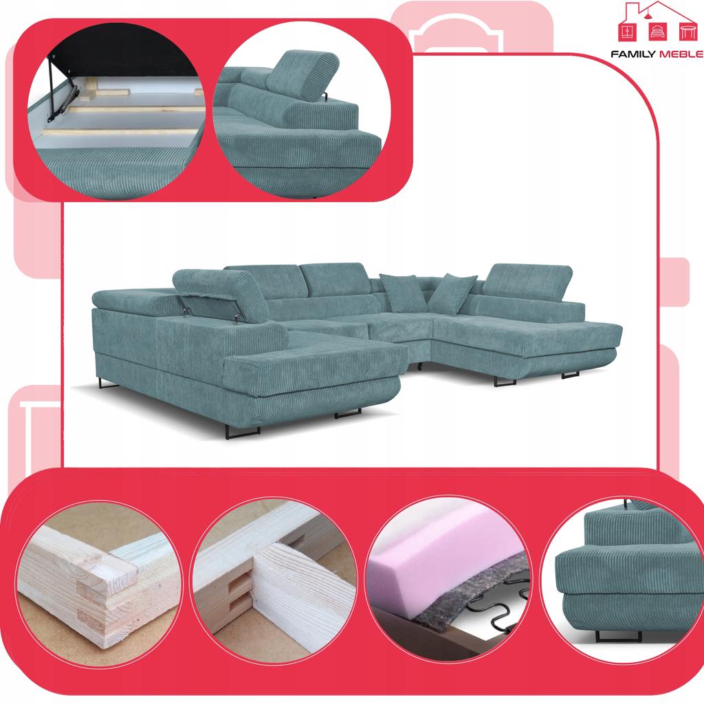 U-shaped Corner Sofa Bed, Extendable F. Savio Family Sleep Furniture J Green Corduroy