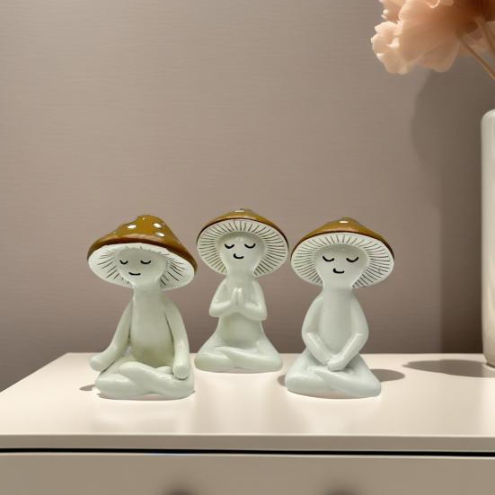 3Pcs/Set Meditation Mushroom Statue Sitting Mushroom Man Figurine Resin Sculpture Home Office Desktop Decoration Ornament