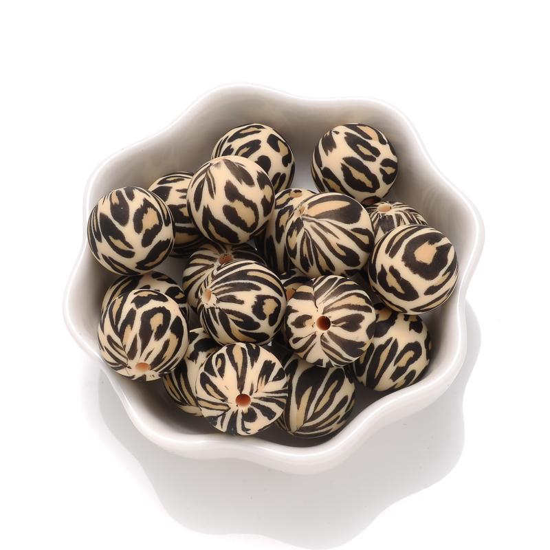 10Pcs 15mm Colorful Print Leopard Pattern Silicone Beads Ball Shape Teething Jewelry Beads For Teether Pacifier Chain Necklace