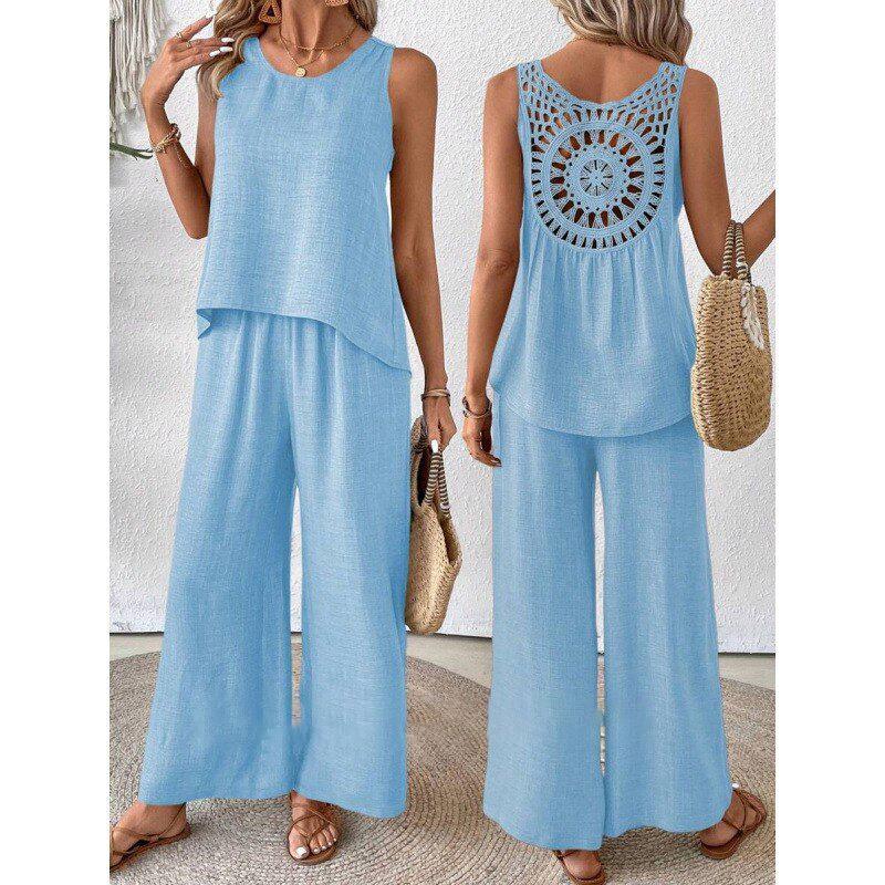 Solid Color Casual Loose Pants Sets For Women Elegant Summer Women's Two Pieces Suit Full Trouser Set Female Outfit Clothes