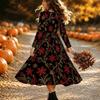 Halloween Women's Red Floral Print Midi Dress A Line Dress Vacation Casual Daily Regular Fit  Long Sleeve V Neck Black  Spring Fall