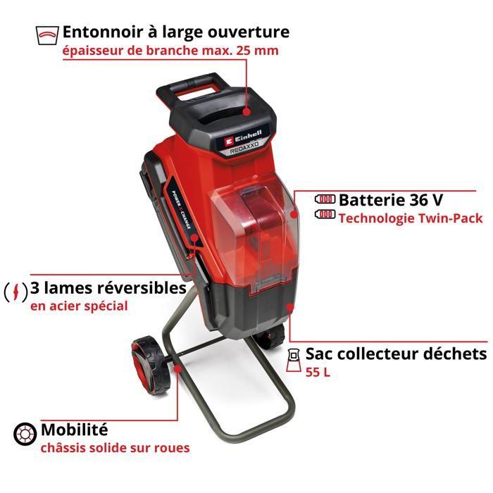 Einhell Broyeur de végétaux sans fil REDAXXO 36/25 Solo PXC (36V, sac collecteur 55L) Livré sans Batterie ni Chargeur